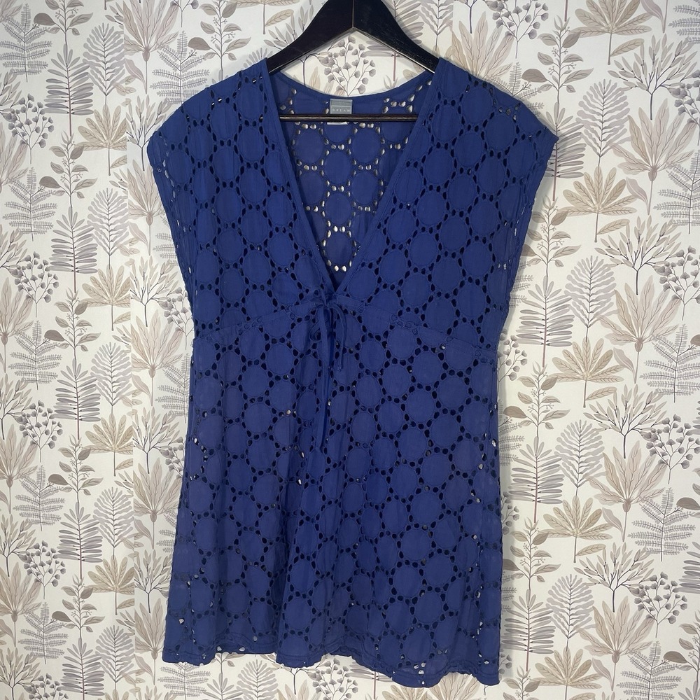 Vintage Dream Beach Women's Eyelet Tunic Cover-up‎ Blue Cotton USA M Boho Beach